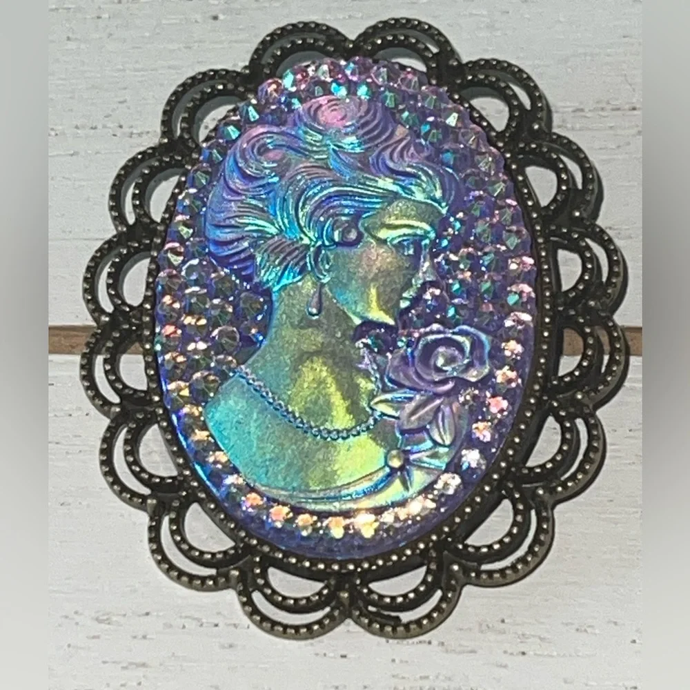Iridescent Purple, Pink, Woman Victorian, Cameo Statement Brooch, Lapel Pin
